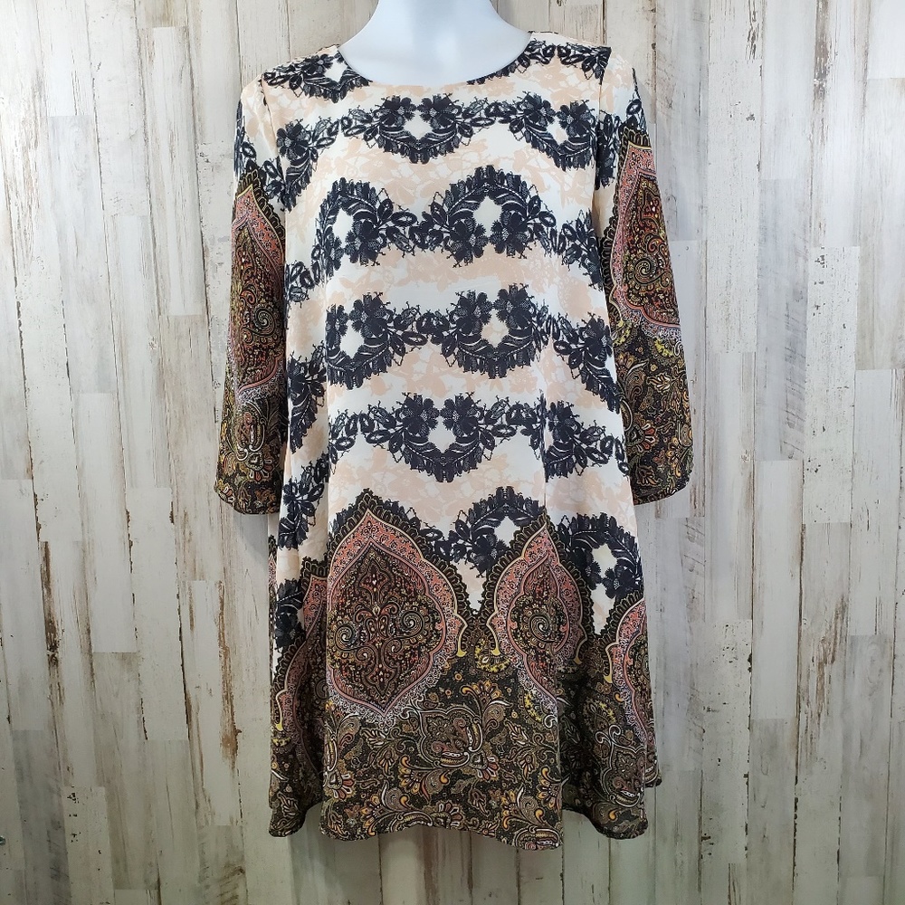 Forever 21 Womens Dress S Cream Boho A Line 3/4 Sleeve Lined V10